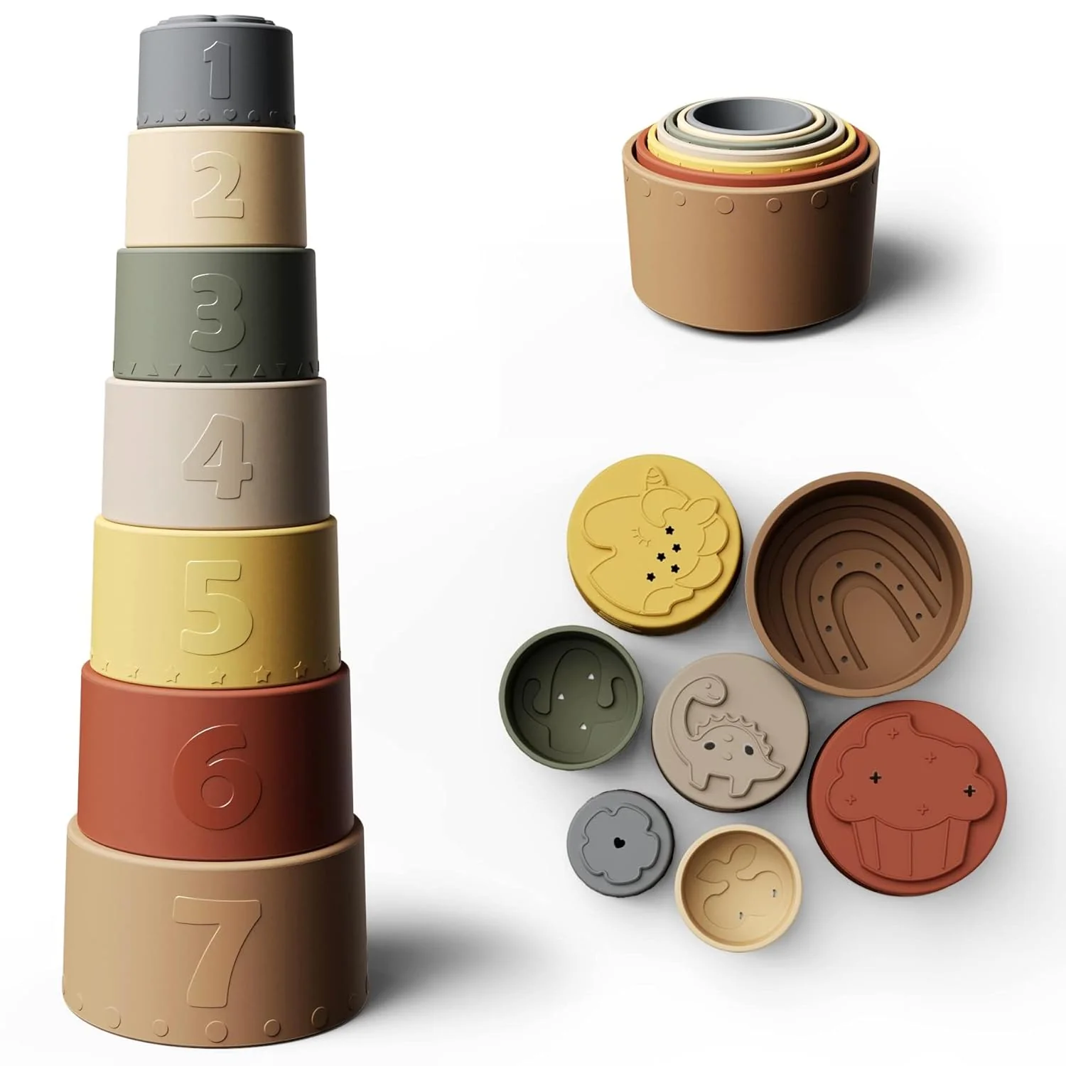 Stacking Cups Toy, Fun Educational Baby Toys Silicone Soft Teething Toy, Age 6+ Months, 7 Piece Set